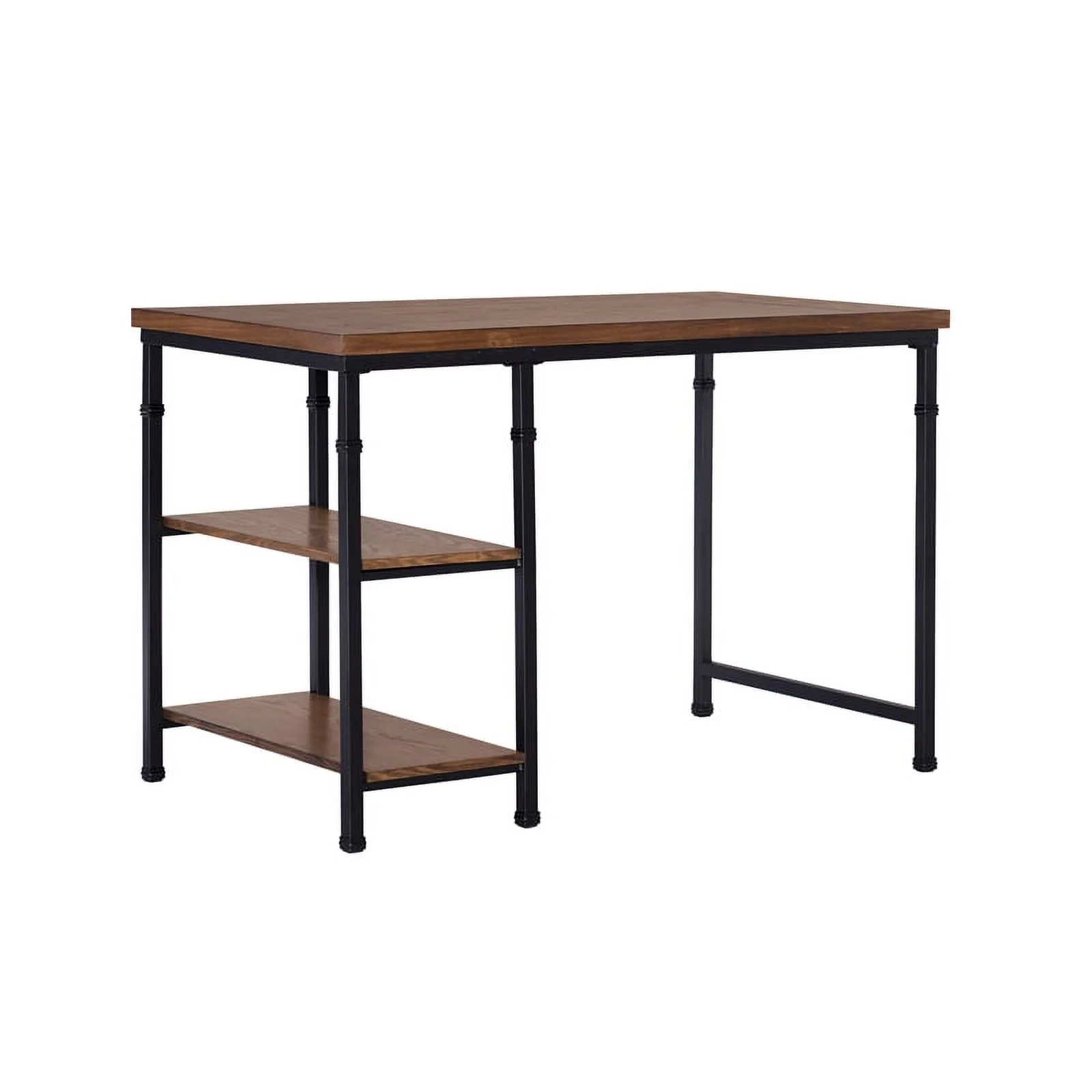 Pemberly Row Sturdy Rustic Desk with 2 Wood Shelves and Metal Frame in Black