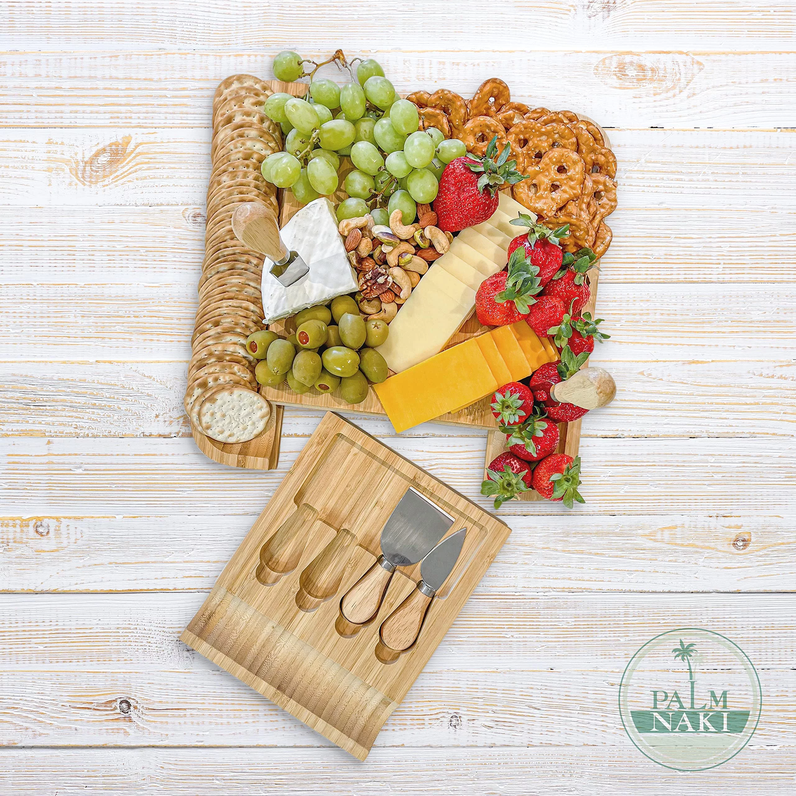 Palm Naki Bamboo Cheese Board and Knife Set - Charcuterie Board with Knife, 13 Large Charcuterie Platter and Serving Tray, Housewarming Gift, Wedding and Anniversary Gift