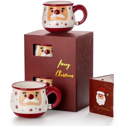 Nucookery Christmas Mug - Card & Gift Box Included - Adorable Santa Face Design - Funny & Cute Coffee Mugs - Perfect for Mom kids Dad Gifts,16 Oz (Christmas Red)