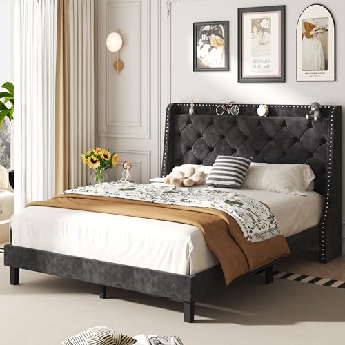 SUNLEI Queen Size Bed Frame with Diamond Tufted Headboard and Storage, Upholstered Platform Bed Frame Queen with 2 Large Wingbacks, Sturdy Wooden Slats Support, Easy Assembly, Velvet Black