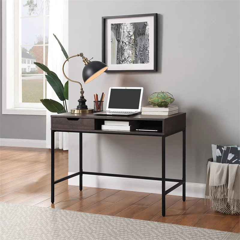 Contempo 40-Inch Desk with Drawer and Shelf in Brown Wood Grain Finish