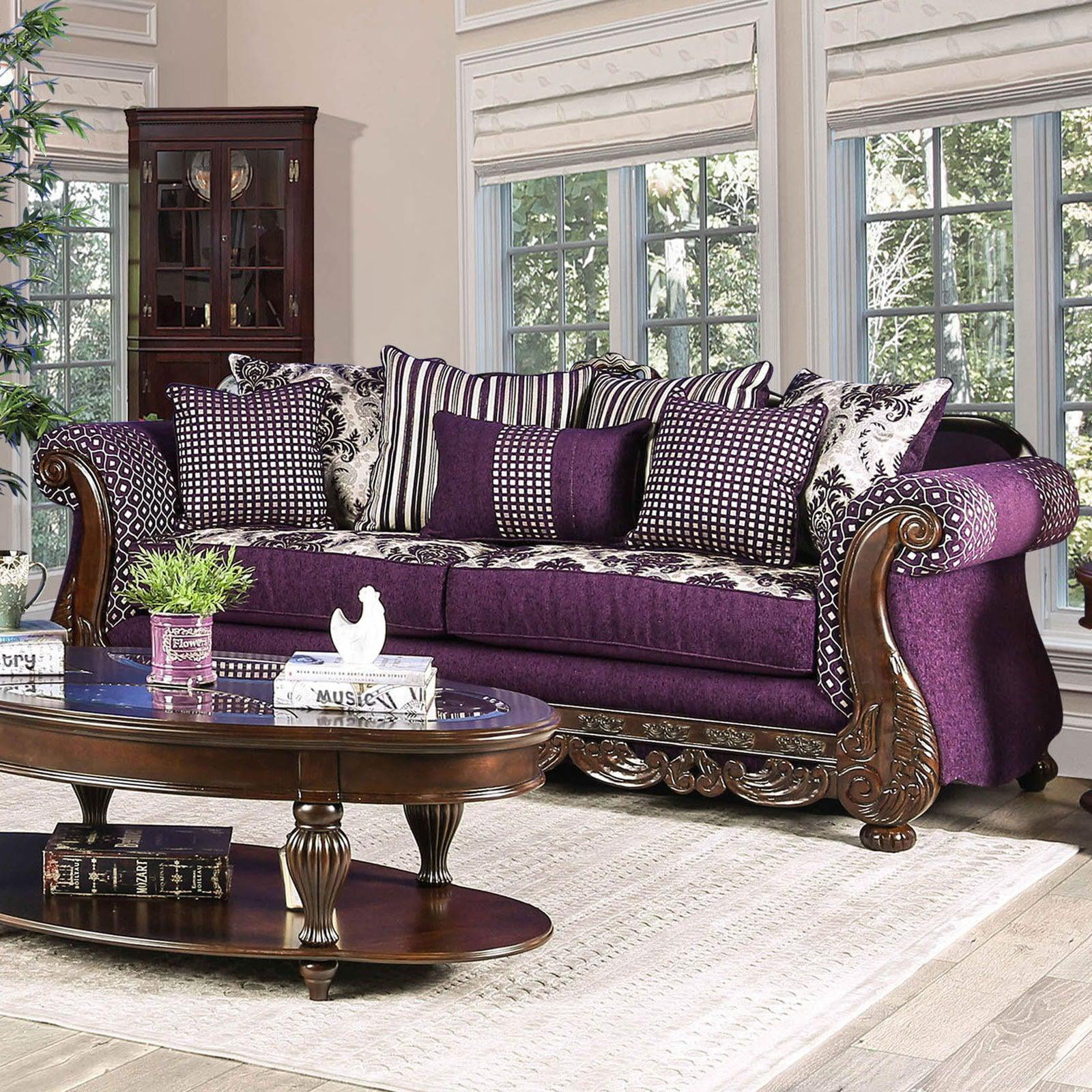 Transitional Purple & Silver Chenille Sofa and Loveseat FOA Emilia