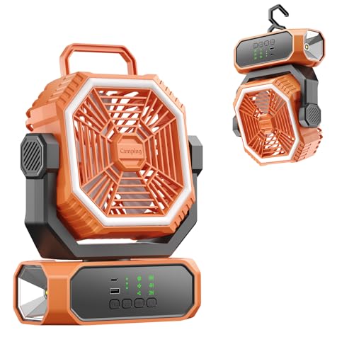 VVU&CCO Portable Fan for Camping with LED Lantern,20000mAh Rechargeable Battery,65H Runtime,USB-C Fast Charging, 3 Speeds - Cordless Desk Fan for Travel Home Office Tent Desk