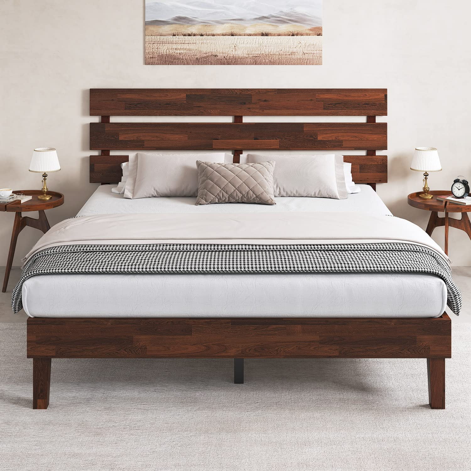 Wood Bed Frame with Headboard/Solid Wooden Platform Bed/Sturdy Wood Foundation/No Box Spring Needed/No Noise / 14 Inch  Queen