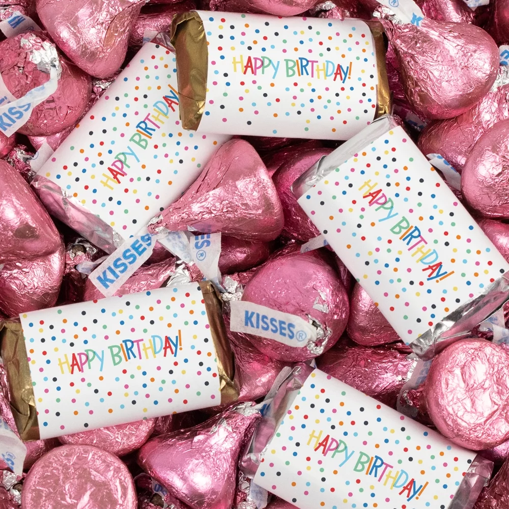 131 Pcs Birthday Candy Party Favors Miniatures Chocolate & Pink Kisses (1.65 lbs) - Colorful Dots
