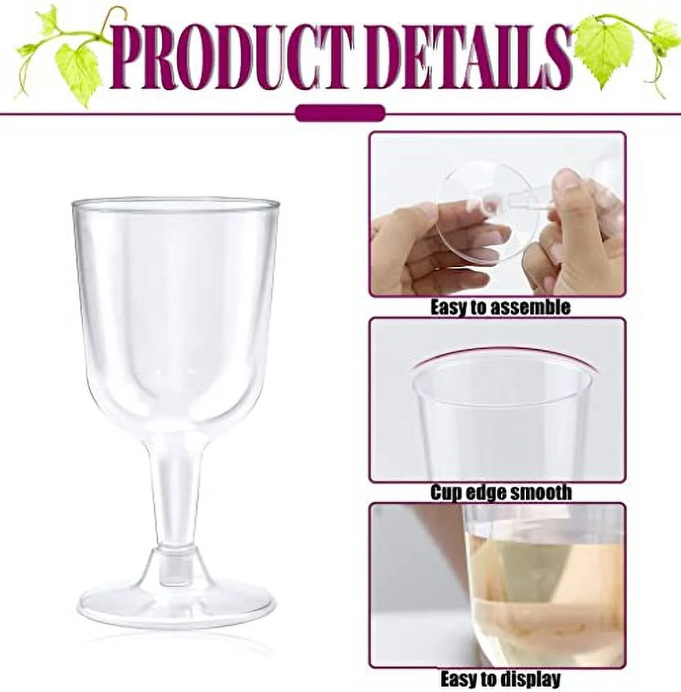50Pcs Plastic Wine Glasses, 170ml Clear Wine Tasting Glasses Reusable Stemmed Party Wine Cups