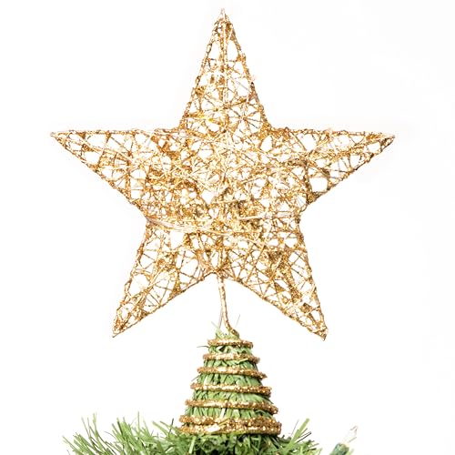 Joiedomi 8 inch Christmas Gold Glitter Star Tree Toppers Metal Lighted with 20 LED Lights for Xmas Decorations, Holiday Party Indoor Decor