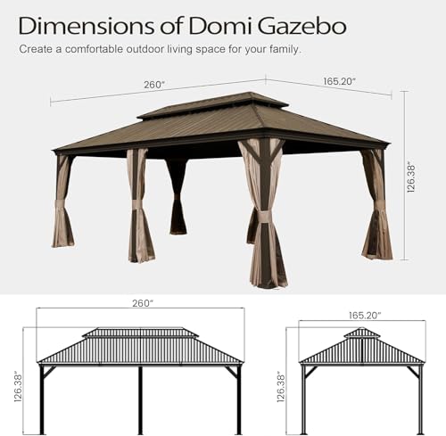 Domi 10’ x 10’ Hardtop Gazebo Metal Frame Canopy with Netting & Curtains, Outdoor Permanent Metal Pavilion with Galvanized Steel Double Roof for Patio Lawn and Garden, Gray