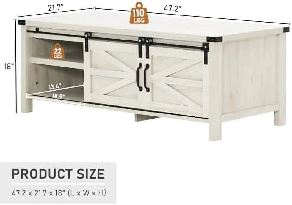 HJZUINIUNIU Farmhouse Coffee Table with Sliding Barn Doors and   Living Room Center Tables  Rustic Wooden Rectangular Tables w/Adjustable Cabinet Shelves  White