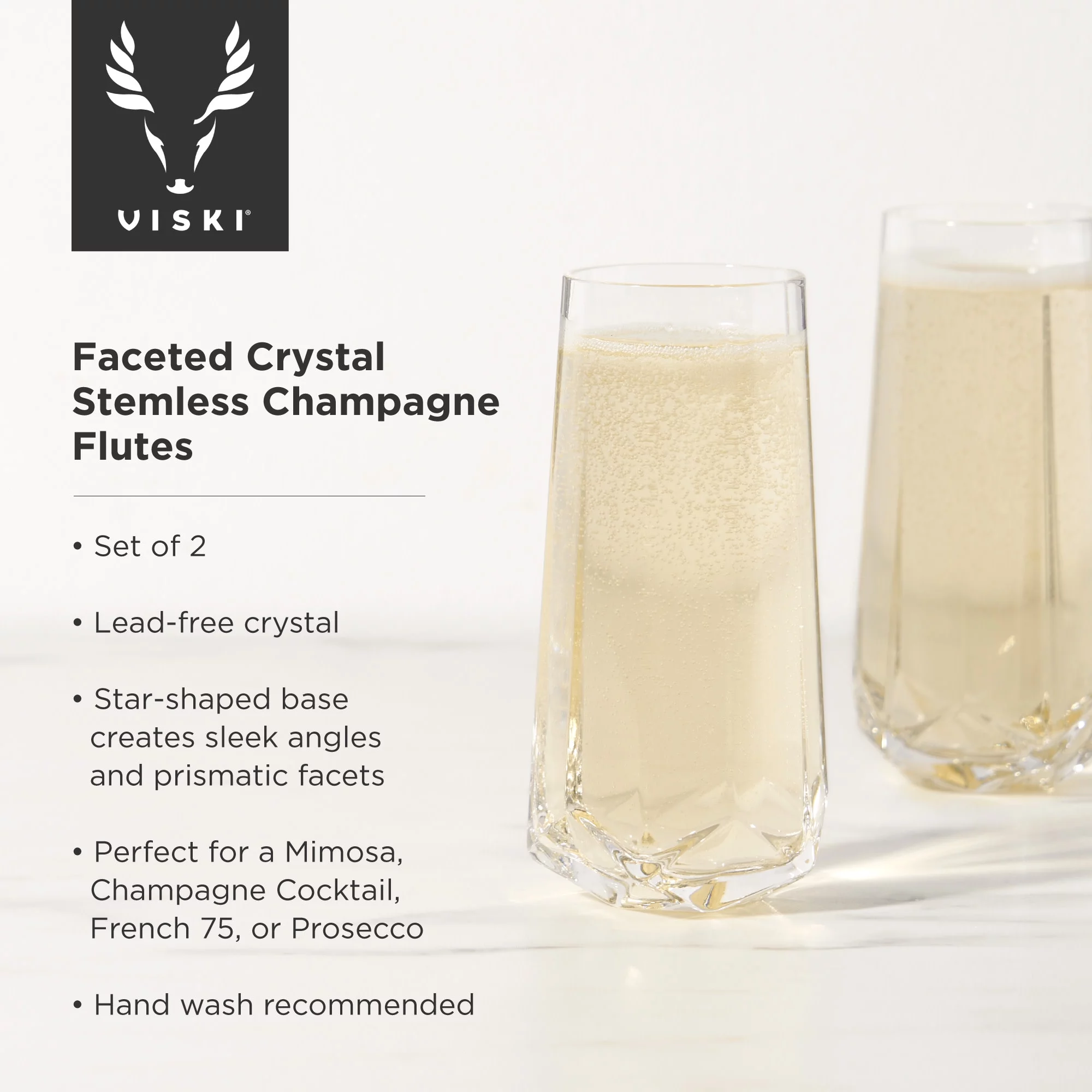 Viski Raye Faceted Crystal Champagne Flutes - Stemless Champagne Glass Gift Set