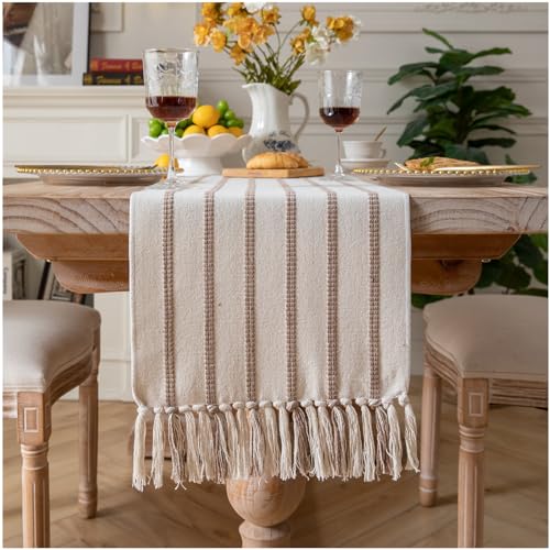 Caflife Christmas Table Runner 72 Inchs Long, Cotton and Linen Woven with Tassels, for Modern Rustic Farmhouse Boho Red Table Runners, Holiday Kitchen Dining Table Home Christmas Decor