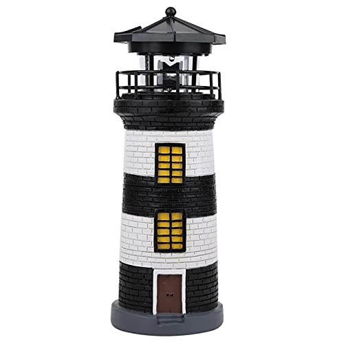 Solar Lighthouse,LED Solar Power Lighthouse Statue Rotating Outdoor Light Garden Yard Lawn Craft Ornament(Black White)