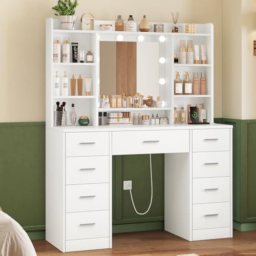 Vanity Desk with Mirror and Lights, Power Outlet, Makeup Vanity with 9 Drawers & 6 Open Storage Shelves, 3 Lighting Modes Brightness Adjustable, White