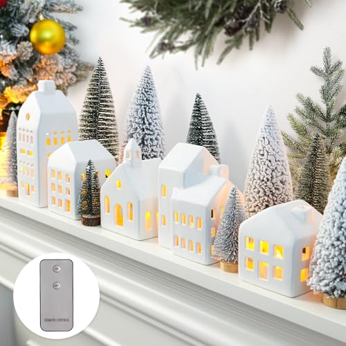 Christmas Decorations Indoor - Christmas Village Sets of 5 Ceramic Houses with LED Lights Remote and 9 Trees - Winter Rustic Farmhouse Home Holiday Xmas Decor for Mantel Tabletop Room