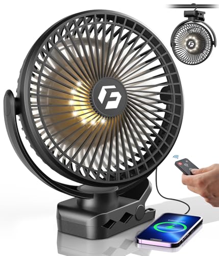 24000mAh Clip on Fan for Golf Cart - 8-inch Portable Rechargeable Fans - Max Up to 150Hrs Work Time - Battery Operated Fan with LED, Remote, Timers, Hook for Office, Desk, Camping, Tent, Treadmill
