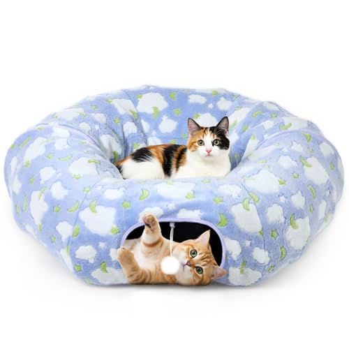 Christmas Cat Tunnel, Cat Tunnel with 2 Interactive Balls, Decorative Candy Cane Christmas Cat Toys with Bow, Super Soft Portable Kitten Toys for Cat Kitty Small Animals, Red + White