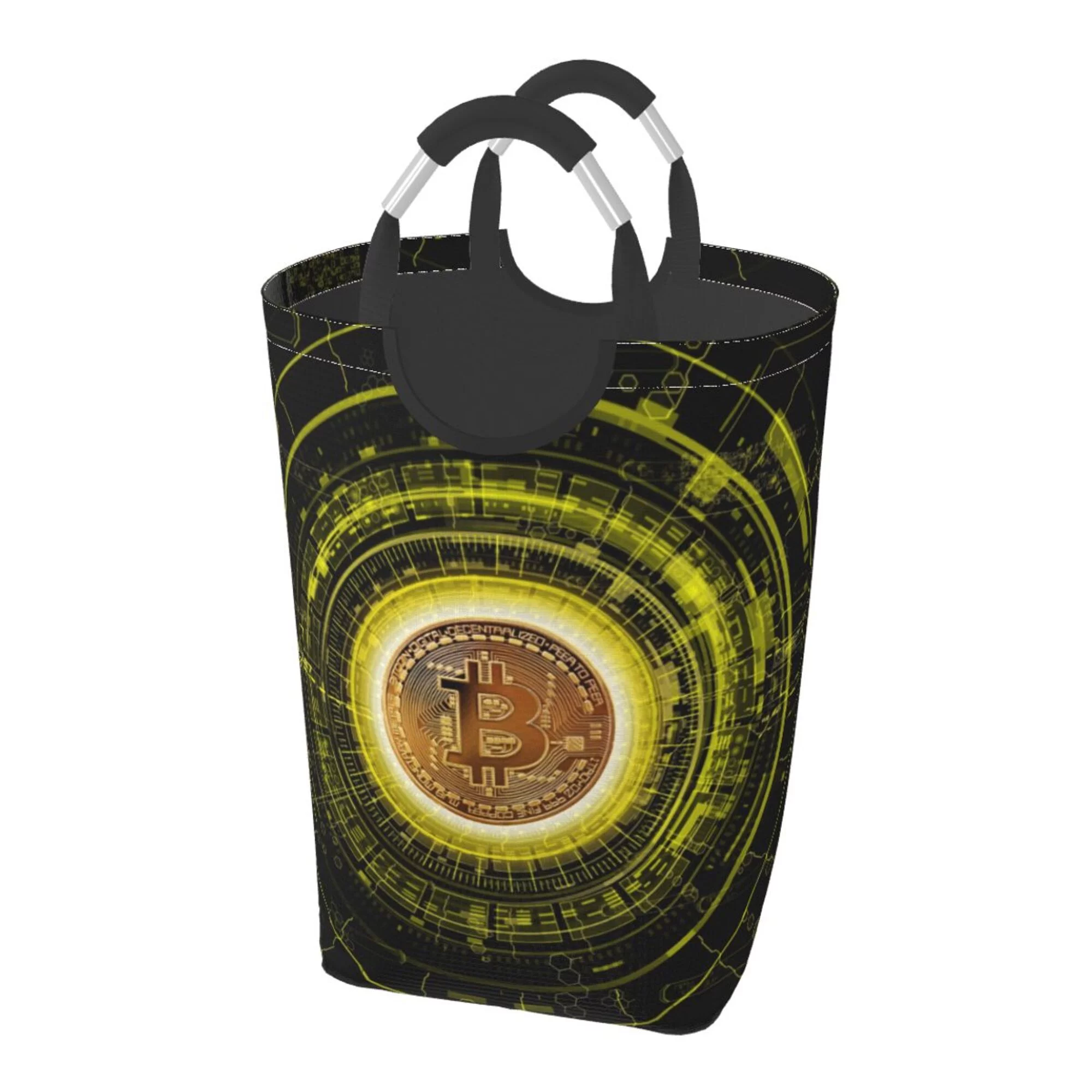 TEQUAN 50L Large Rectangular Laundry Hamper with Aluminum Handles, Crypto Currency Bitcoin Prints Waterproof Foldable Dirty Clothes Basket