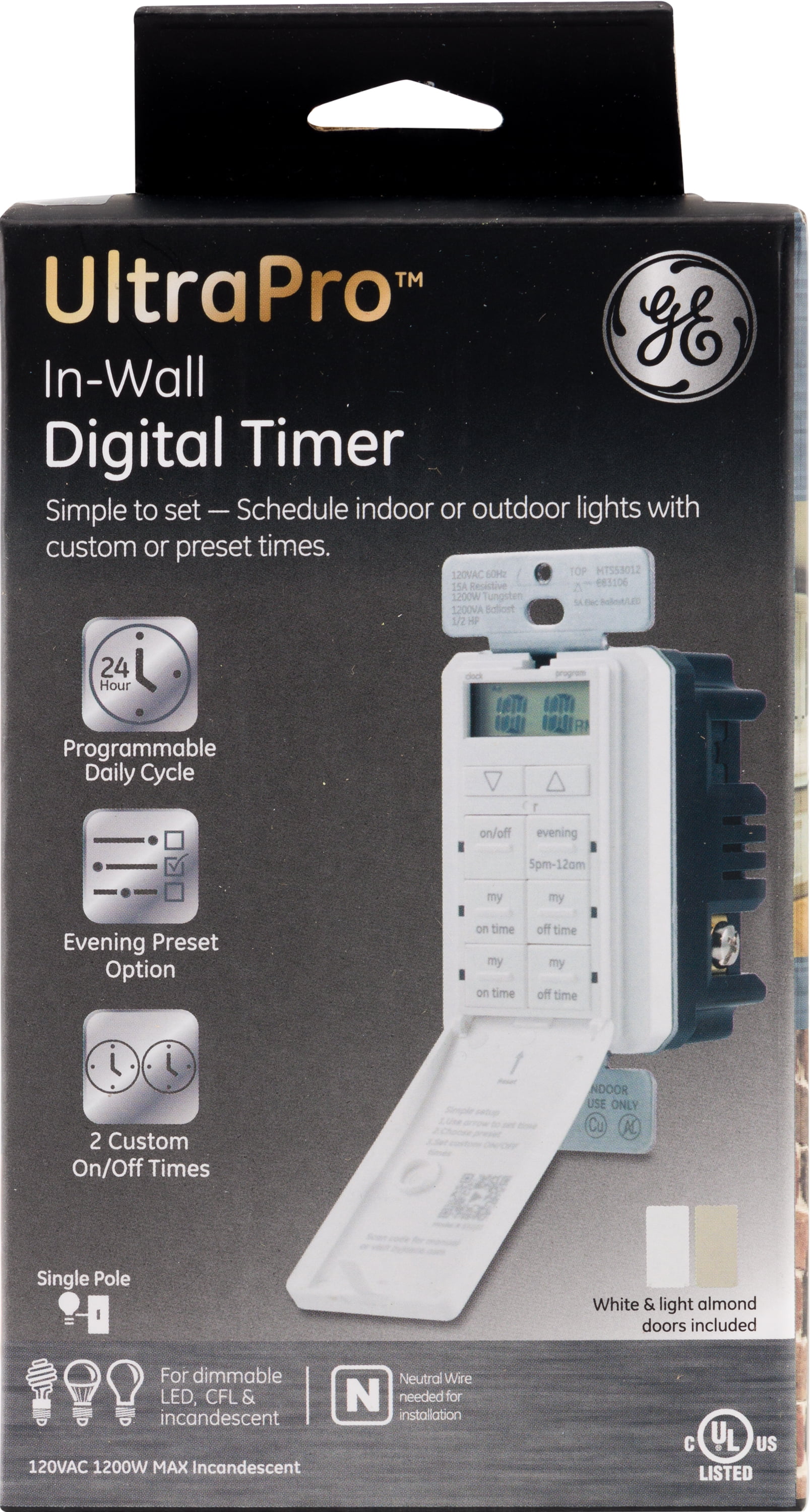 GE in-Wall Digital Timer, Indoor and Outdoor, White, 5in - 53222
