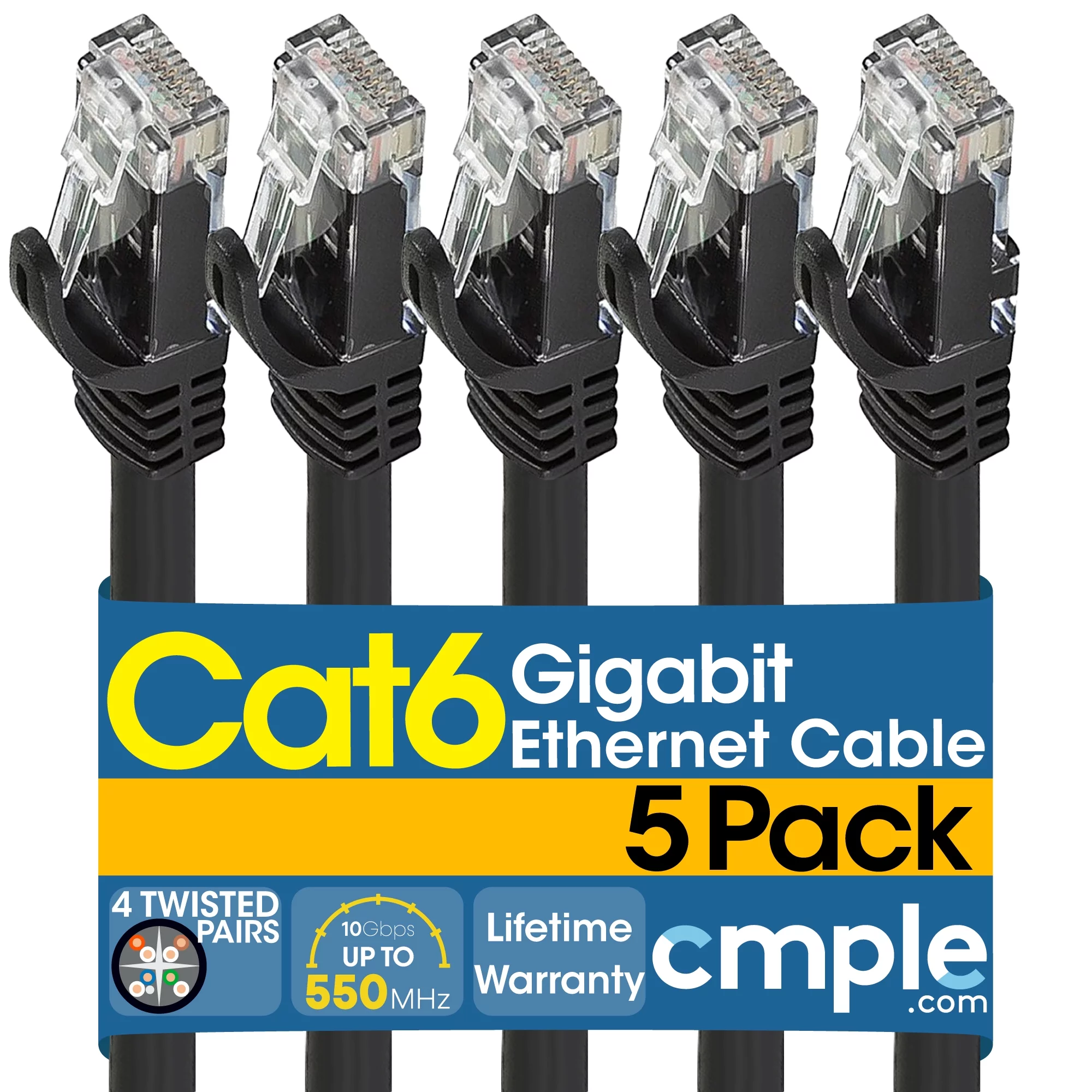 Cmple - [5 PACK] 10 Feet Cat6 Ethernet Cable, 10 Gigabit Network Cord, Cat6 Cable, Ethernet Patch Cable, Computer LAN Internet Cable with Snagless RJ45 Connectors, Modem Wire - Black