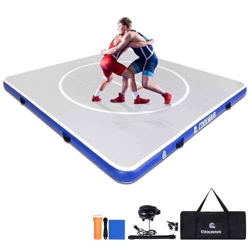 COOLWAVE 10x10 FT Inflatable Wrestling Mat Jiu Jitsu and BJJ Mats for Home with Soft Landings and Nice Bounce Great for MMA, Martial Art, Boxing, Grappling, Judo, Gymnastics and Yoga