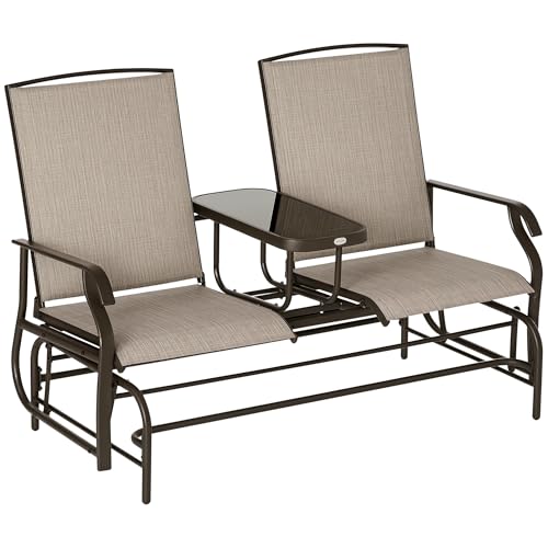 Outsunny Outdoor Glider Bench with Center Table, Metal Frame Patio Loveseat with Breathable Mesh Fabric and Armrests for Backyard Garden Porch, Beige