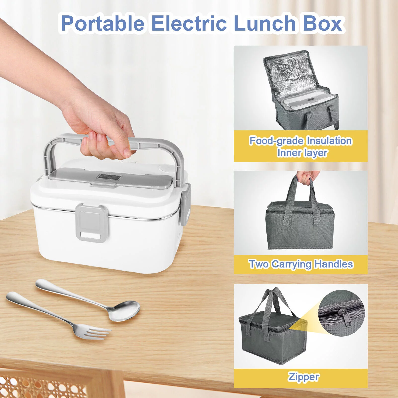 TOPCHANCES Electric Heating Lunch Box, Leak Proof Food Warmer Container for Car Home Office, 12V 24V /110V, 1.8L Food Heater with Fork & Spoon & Carry Bag, Grey White