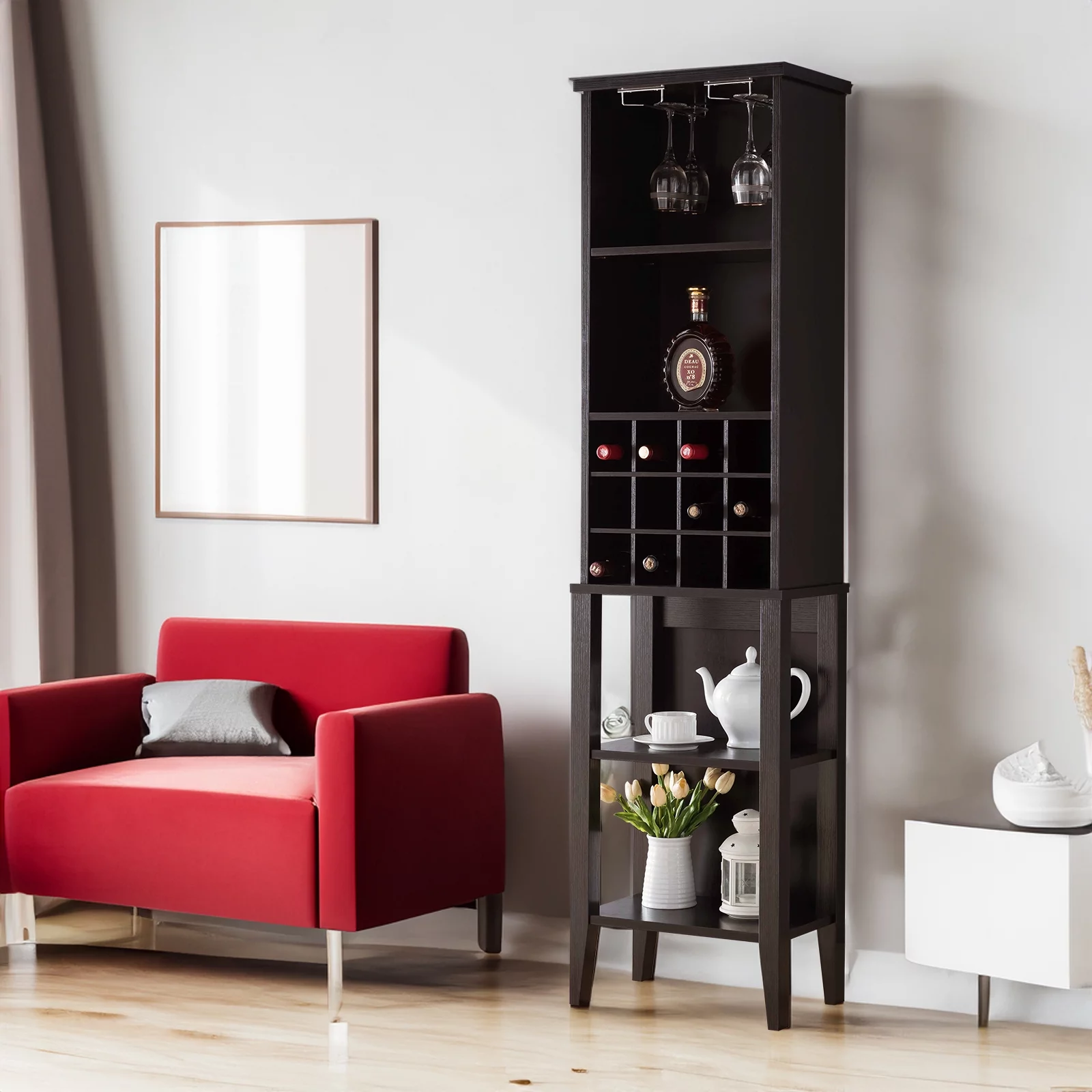 Wine Bar Cabinet for Liquor and Glass, Free Standing Wine Rack, Bar Liquor Cabinet, Floor Wine Cabinet with Adjustable Shelf for Living Room, Home Bar