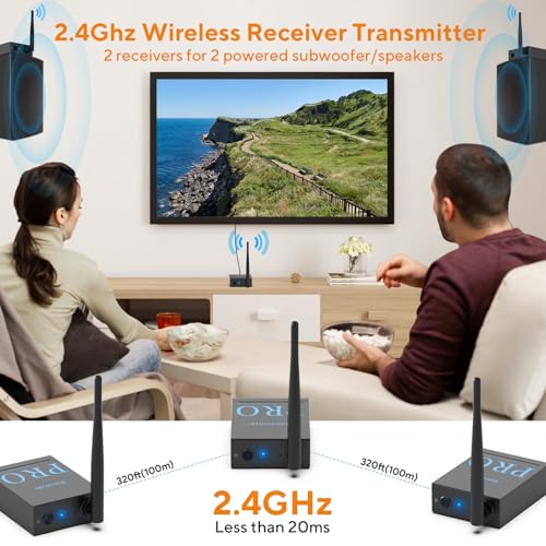 1Mii 3-in-1 2.4Ghz Wireless Audio Transmitter Receiver for 2 Subwoofer/Active Speaker/Power Amplifier, 20ms Low Latency, 320ft Range, Optical/Coaxial/3.5mm(RCA) Audio Input/Output
