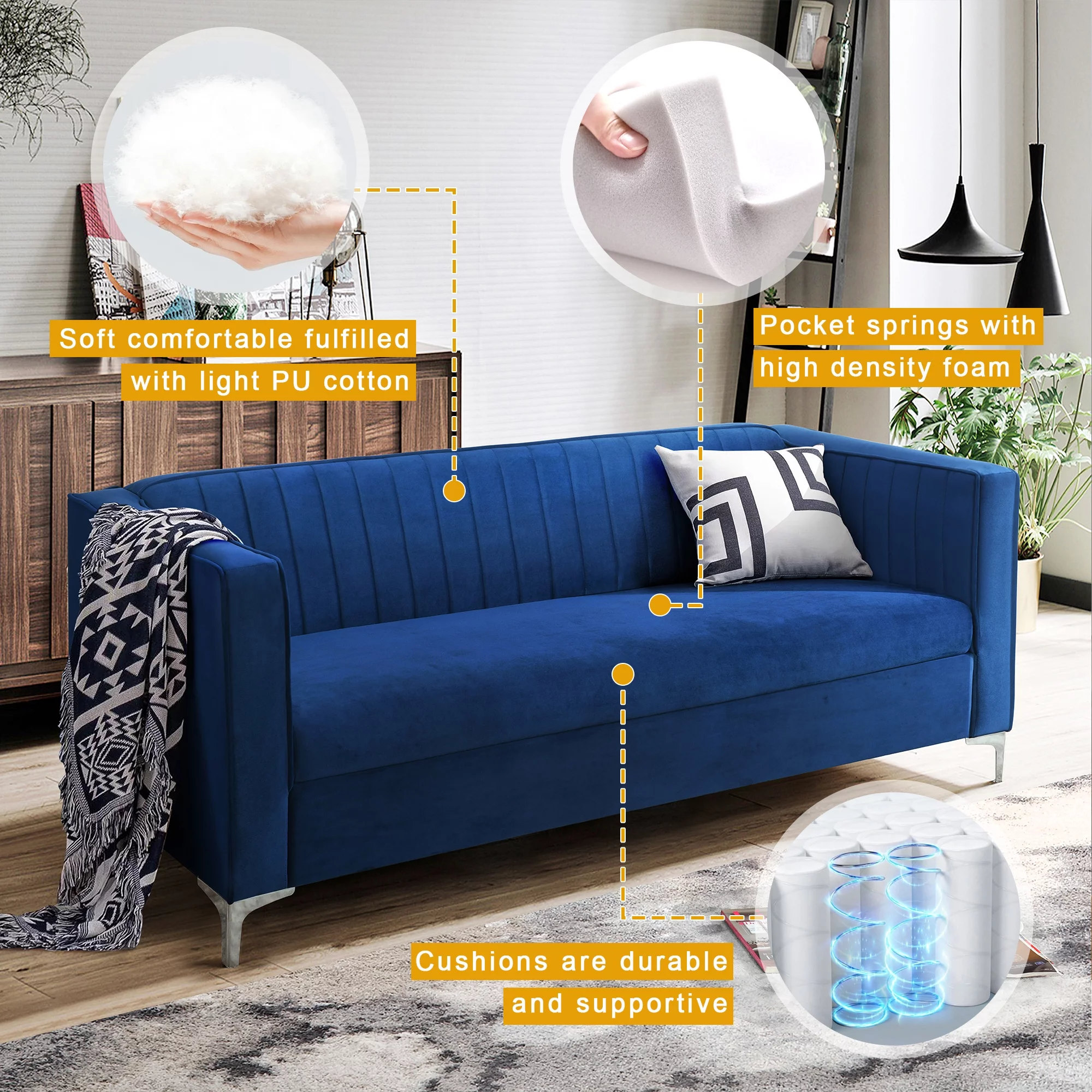 Euroco Mid Century Velvet Sofa for Living Room Loveseat Sofa with Metal Legs, 77