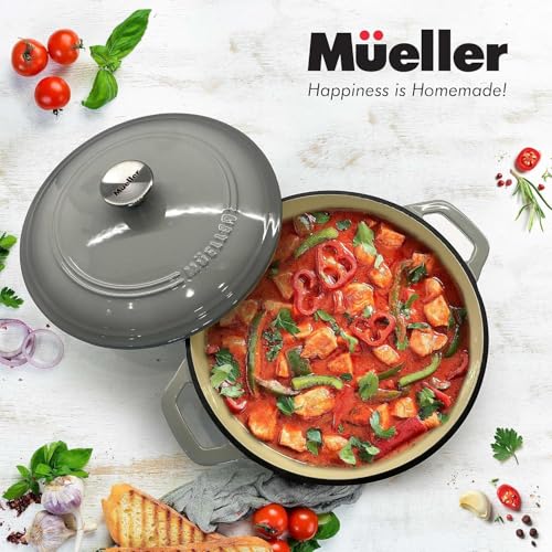 Mueller 6qt Enameled Cast Iron Dutch Oven, Heavy-Duty Casserole and Braiser Pan with Lid and Knob, Oven-Safe up to 500° F & Across All Cooktops, White