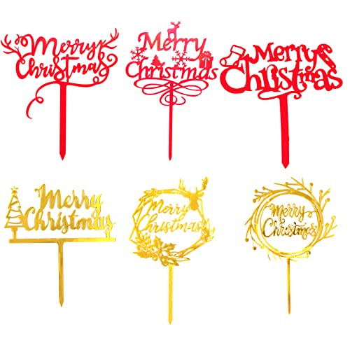 Gold Red Merry Christmas Cake Toppers, 6Pcs Reindeer Antler Xmas Tree Candy Cane Snowflake Elk Decoration for Cakes, Xmas Decor for Cake Toppers Christmas Party Cake Decorations Supplies