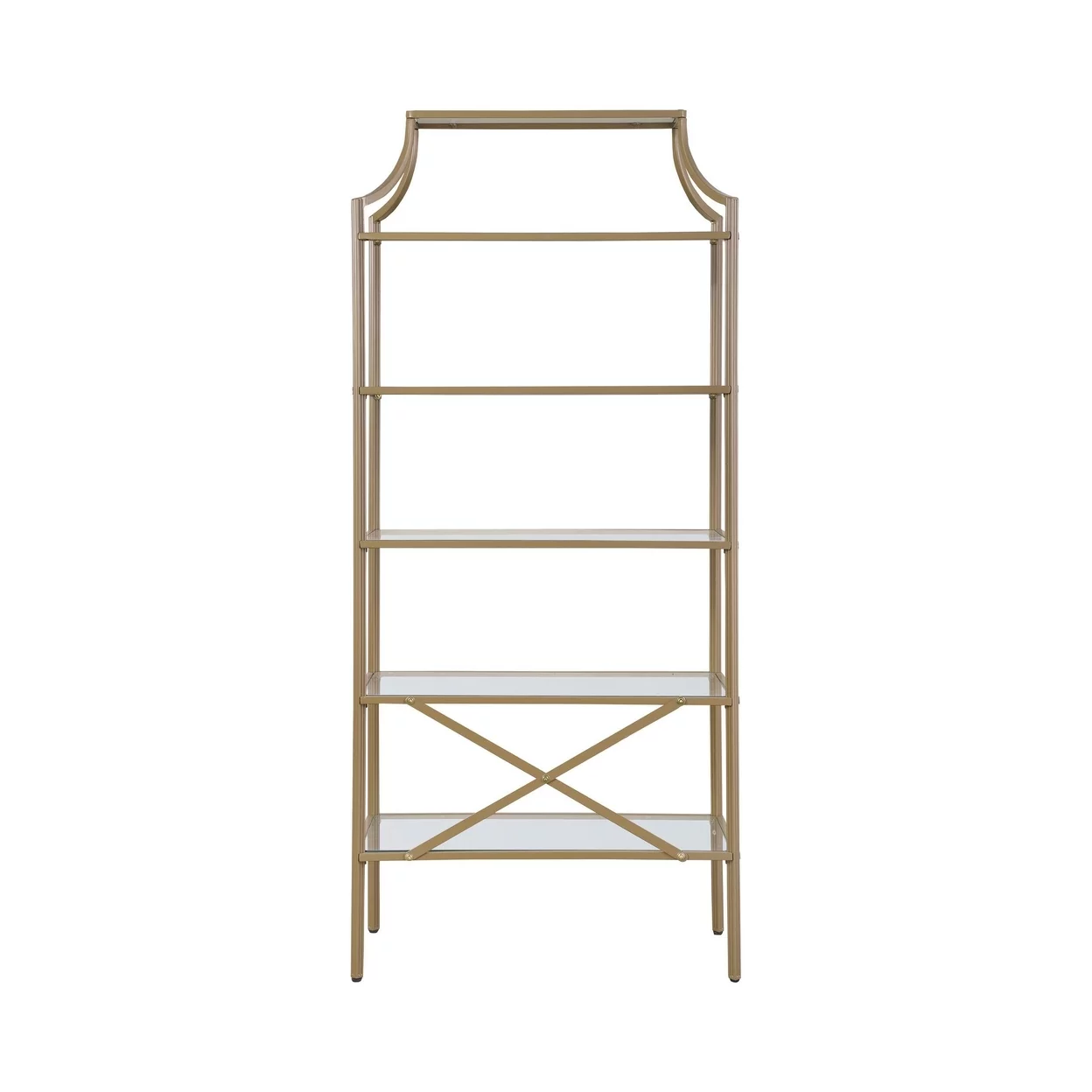 Bookcase with 5 Tempered Glass Shelves and Metal Frame, Gold