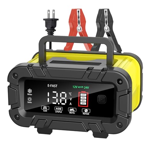 E-FAST 20A Battery Charger,12/24V Lifepo4 Lead Acid Automatic Smart Car Battery Charger, Portable Automotive Trickle Charger, Automobile Battery Maintainer for Car Truck Motorcycle Lawn Mower Boat