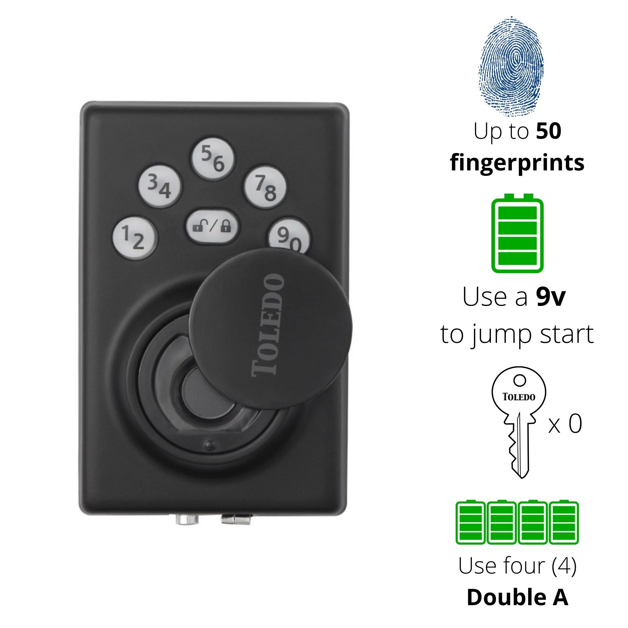 Toledo Electronic Lock with Biometric and Keyed Access in Iron Black Finish