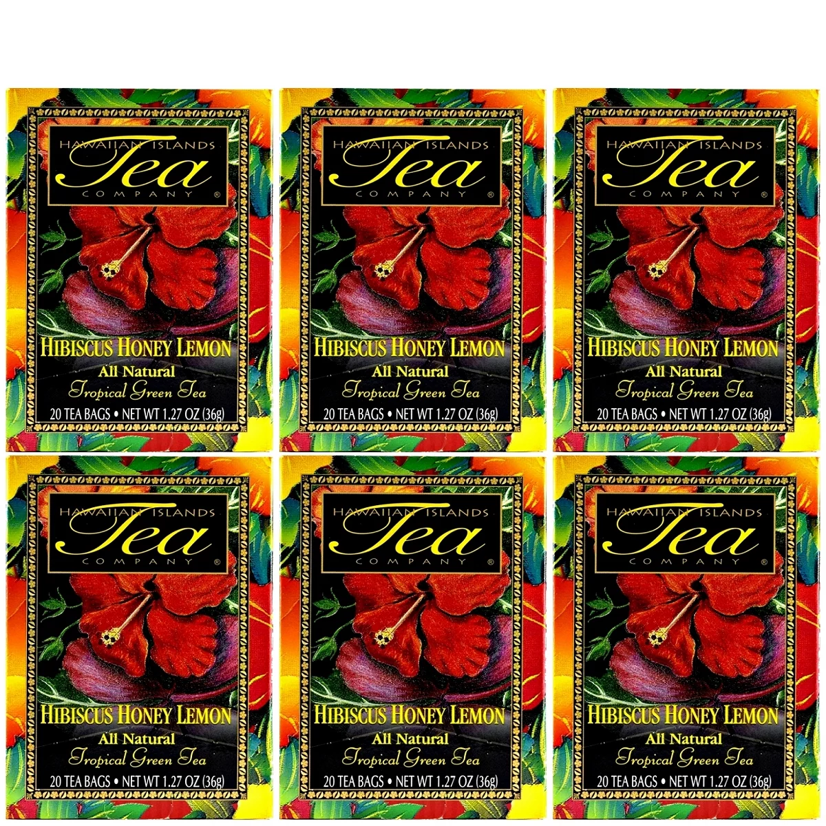 Hawaiian Islands Tea, Hibiscus Honey Lemon Flavor Tropical Green Tea, All Natural - Six Boxes with 20 Tea Bags Per Box.