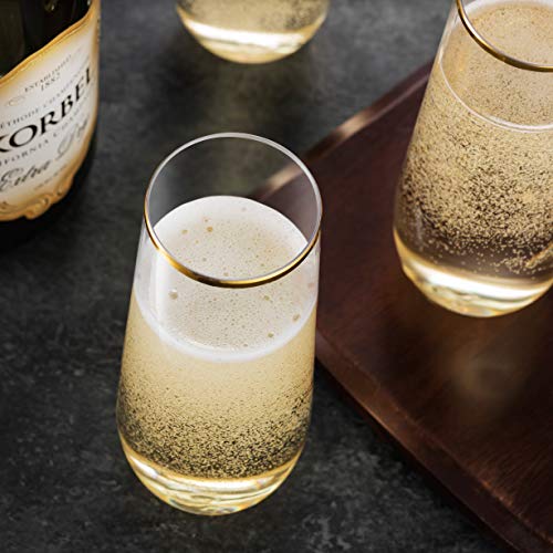 Munfix 48 Pack Stemless Plastic Champagne Flutes Disposable 9 Oz Gold Rim Clear Plastic Toasting Glasses Shatterproof Recyclable and BPA-Free