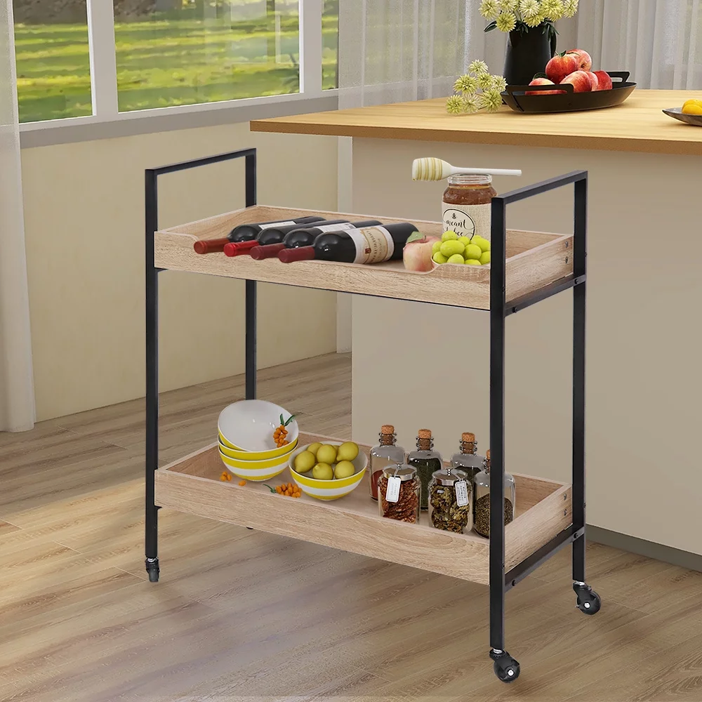Abble White Oak Manufactured Wood Kitchen Serving Bar Cart with  Caster Wheels
