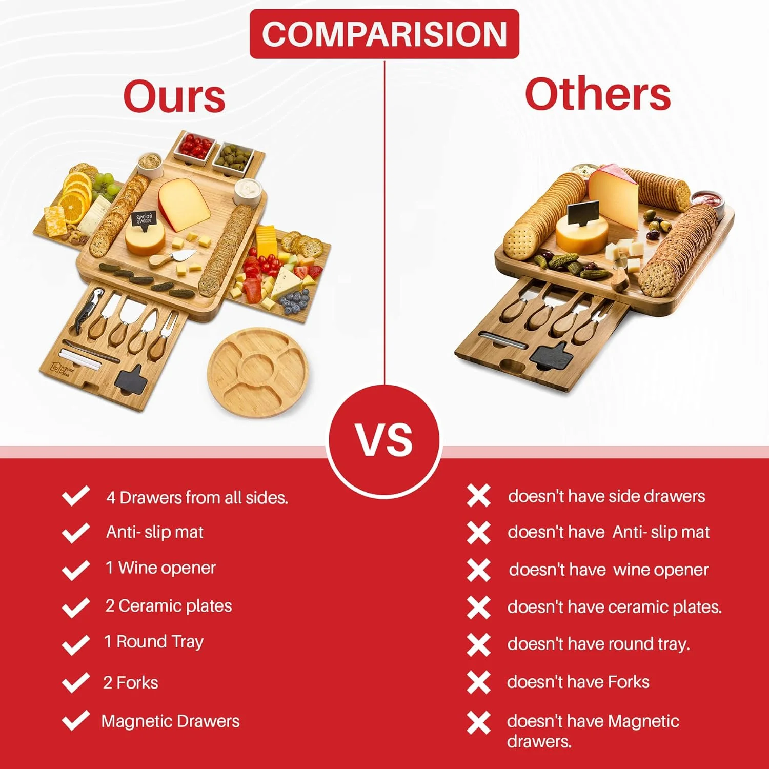 Large Charcuterie Board Set - Bonus Recipe Book - 2 Ceramic Bowls & Plates, 4 Magnetic Drawers Bamboo Cheese Knife Set, Round Tray - Christmas & Housewarming Gifts