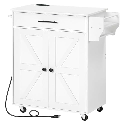 HOOBRO Kitchen Island with Power Outlet, Kitchen Island Storage Island with Large Worktop, Spice Rack and Drawer, Rolling Kitchen Cart on Wheels, for Kitchen and Dining Room, Rustic Brown and Black