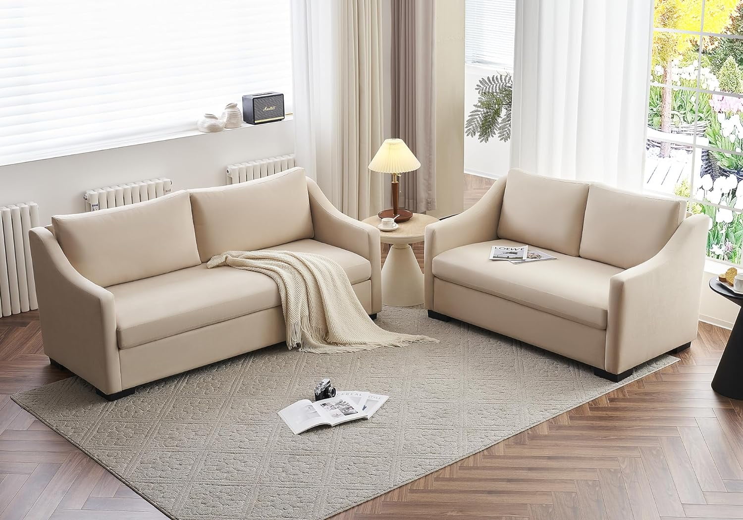AMERLIFE Modern Sofa, Slope Armrest- 2 Piece Set Sofa, Beige Chenille Comfy Couch for Living Room