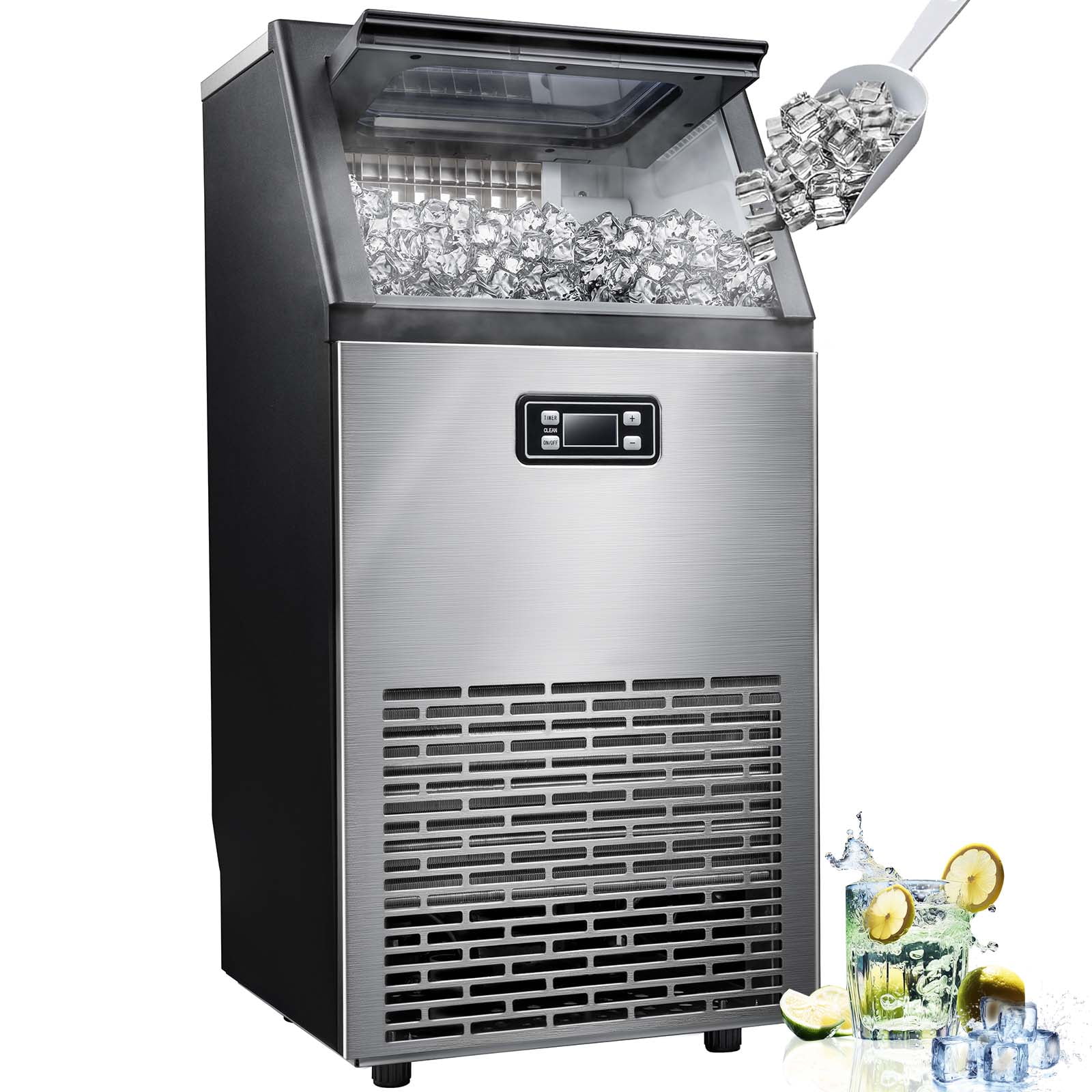 Auseo Commercial Ice Maker Machine, Under Counter/Freestanding Ice Maker, 100LBS/24H, 45Cubes/12-20Mins, Self-Cleaning, 24HTimer, LCD Display for Restaurant/Bar/Cafe/Party