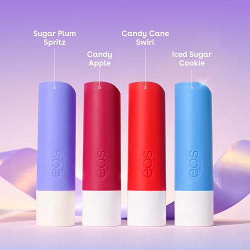 eos Holiday 24H Moisture Mini Super Balm Set, Sugar Plum Spritz, Candy Cane Swirl, Iced Sugar Cookie, Limited Edition Lip Care, Stocking Stuffers, 0.24 fl oz, 3-pack