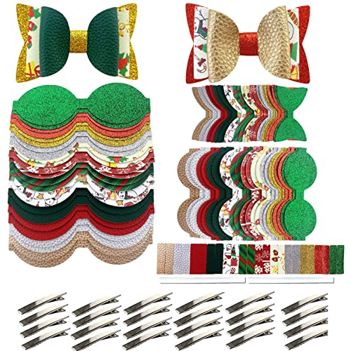 AOUXSEEM 24 Set Christmas Faux Leather Hair Bows DIY Making Kit with Pre Cut Pieces and Hair Clips, Make Fashionable Unique Hair Clips for Girls Women