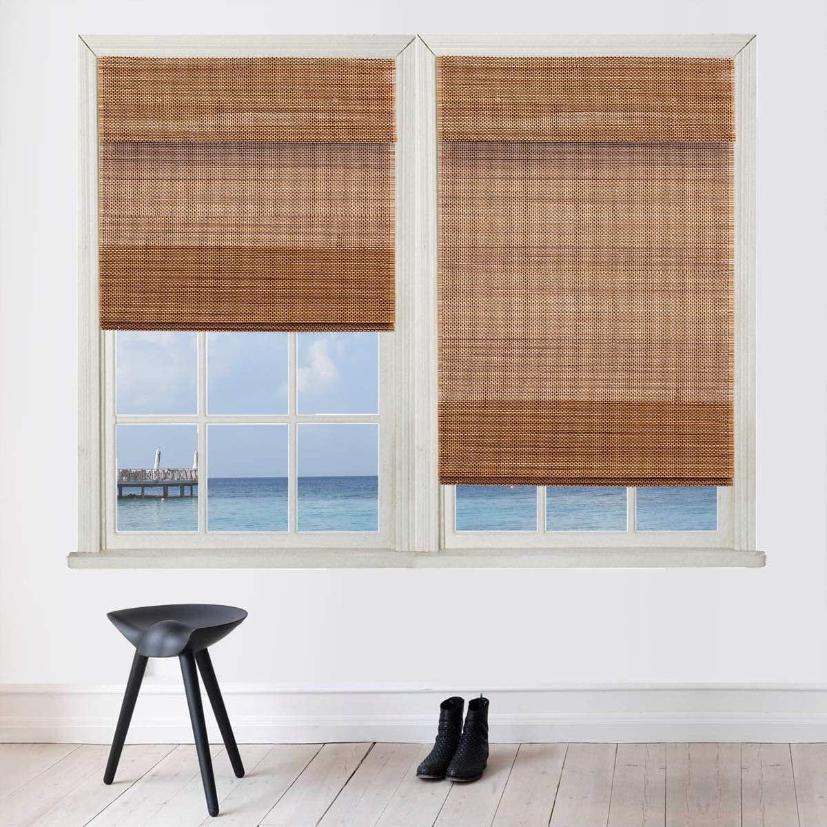 TJ GLOBAL Cordless Bamboo Roman Window Blind Sun Shade, Light Filtering Shades with 7-Inch Valence - Natural Woven Bamboo (32