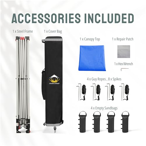 CROWN SHADES 10x10 Pop Up Canopy - Beach Tent with One Push Setup - Easy Outdoor Sun Shade for Events, Parties, Camping - Gazebo with STO-N-Go Cover Bag, Silver Coated Top, White