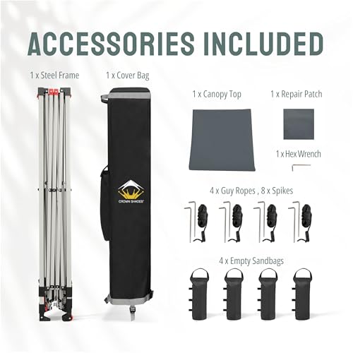 CROWN SHADES 10x10 Pop Up Canopy - Beach Tent with One Push Setup - Easy Outdoor Sun Shade for Events, Parties, Camping - Gazebo with STO-N-Go Cover Bag, Silver Coated Top, White