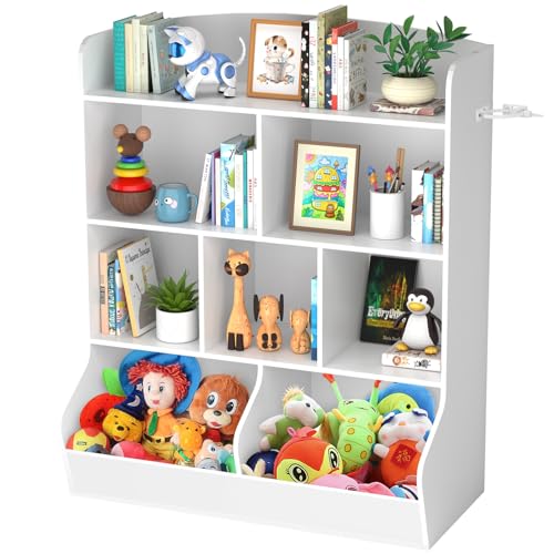 4 Tier Kids Bookshelf and Toy Storage Organizer with 8 Wooden Large Capacity Cabinet for Childrens Suitable for Nursery, Playroom, Hallway, Kindergarten Any Baby Room, White