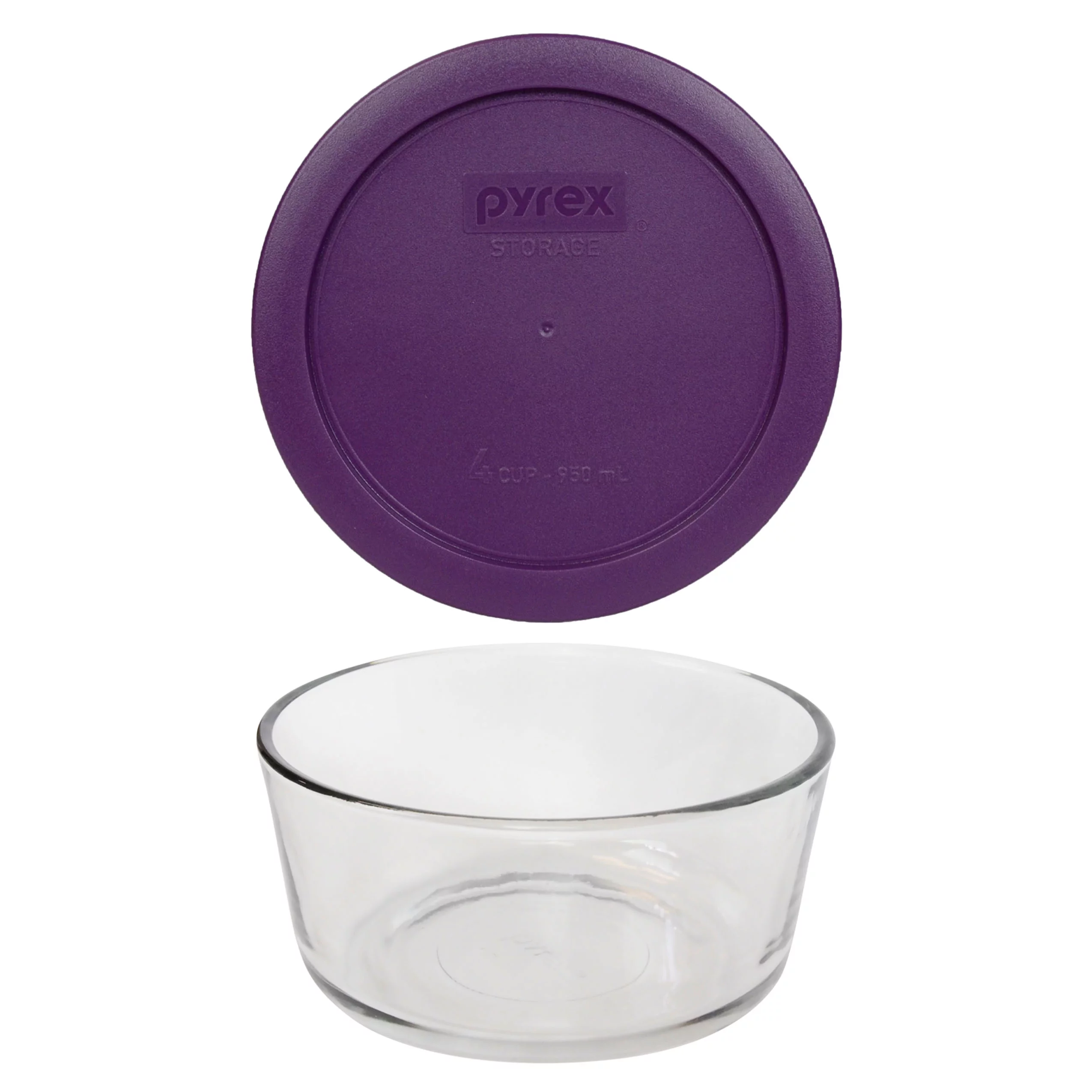 Pyrex 7201 4-Cup Round Glass Food Storage Bowl with 7201-PC 4-Cup Purple Plastic Lid Cover