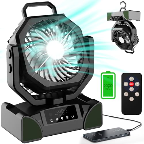 20000mAh Portable Camping Fan Rechargeable,Max 68 Hrs Runtime Battery Operated Tent Fans with LED Lantern,5 Wind Speeds,4 Timer Modes,Desk Fan for Travel,Power Outages (Black)