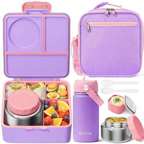Fimibuke Bento Box for Kids Adult - Leakproof 3-4 Compartments Lunch Bento Box Set with Insulated Thermos Food Jar, Water Bottle, Lunch Bag, Sauce Cup & Cutlery for Toddler Teen Shcool Girl Boy Age 3+